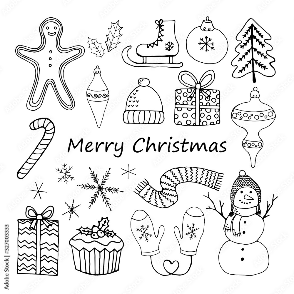 Set of Merry Christmas, Happy New Year design elements. Сoncept holidays. Hand drawn vector illustration in doodle style outline drawing isolated on white background
