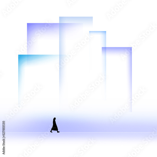 Abstract image of city buildings and a passerby