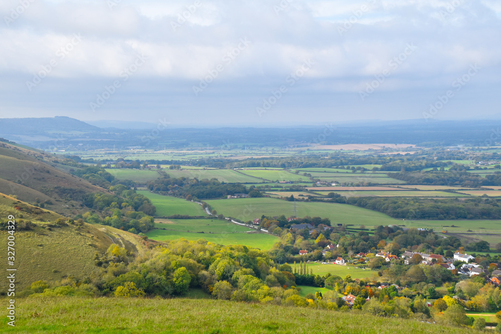 View of green fields of Sussex from Devils Dyke, Ditchling Beacon, United Kingdom