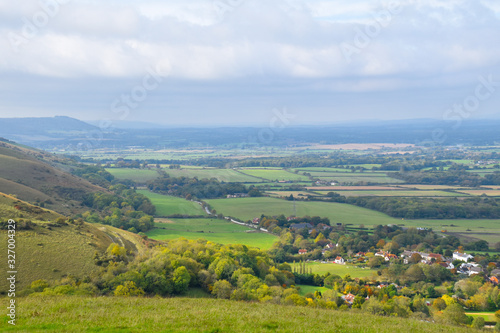 View of green fields of Sussex from Devils Dyke  Ditchling Beacon  United Kingdom