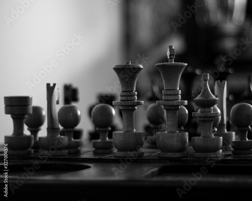 Chess pieces with a bokeh back.