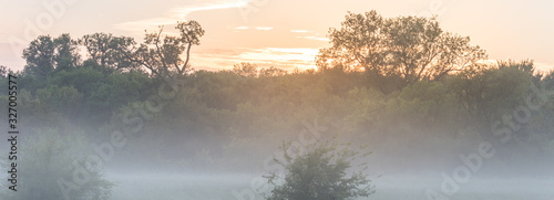 Panoramic foggy morning landscape at sunrise in nature trail near Dallas, Texas, USA © trongnguyen