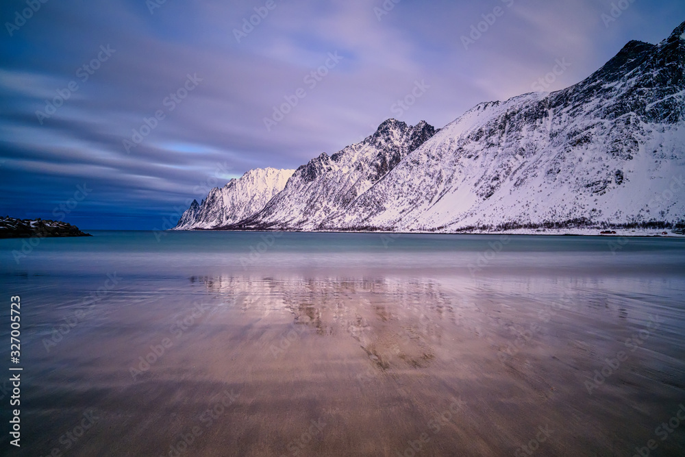 Gulf, bay, Sand beach with a huge surf in Ersfjord in sunset