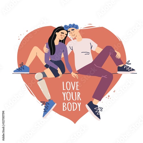 body positive. couple in love. young girl with a bionic prosthetic leg