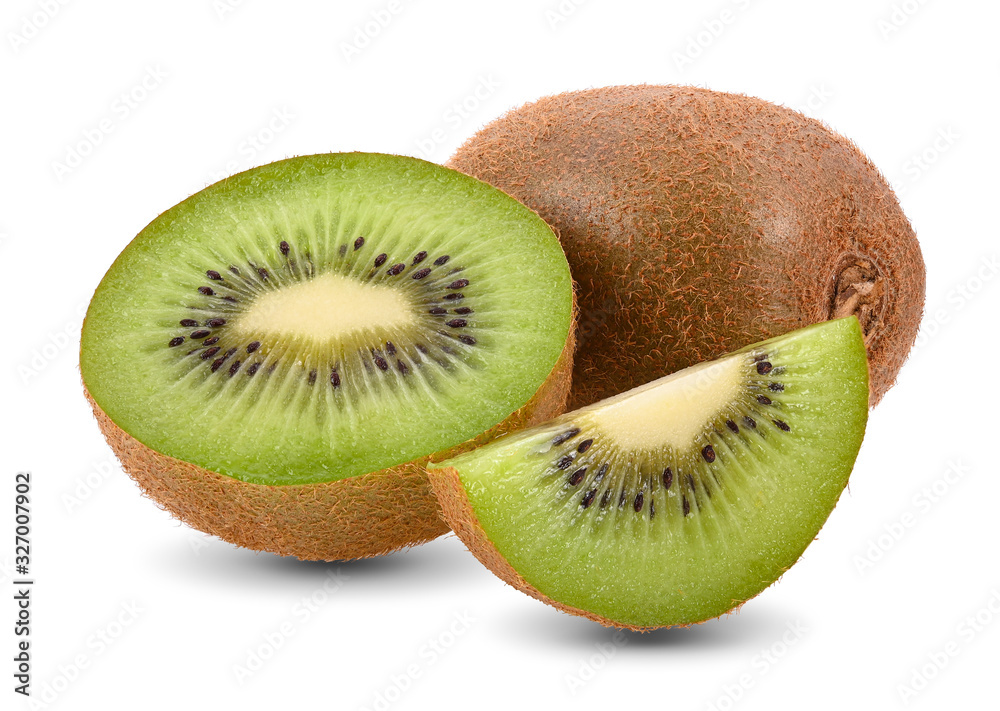 Obraz premium Fresh kiwi cut in half, isolated on a white background.