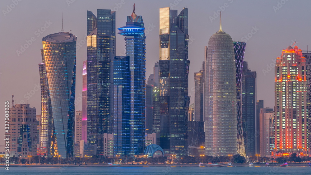 Doha downtown skyline day to night timelapse, Qatar, Middle East