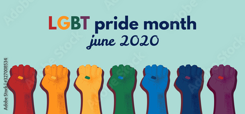 LGBT pride month banner template with border of fists on blue background. June 2020. 7 raised fists in rainbow colors on the bottom. Protest against homophobia concept. Flat style vector illustration