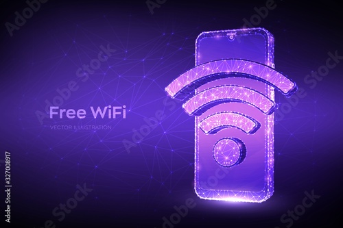 Free WiFi concept. Abstract low polygonal smartphone with wi-fi sign. Hotspot signal symbol. Mobile connection zone. Data transfer. Public assess zone. Wireless connection concept. Vector illustration