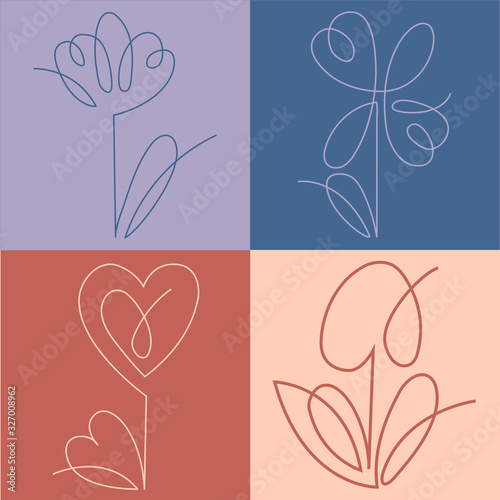 flower in the one line art for greeting cards, design of cosmetic packaging, prints, thematic design