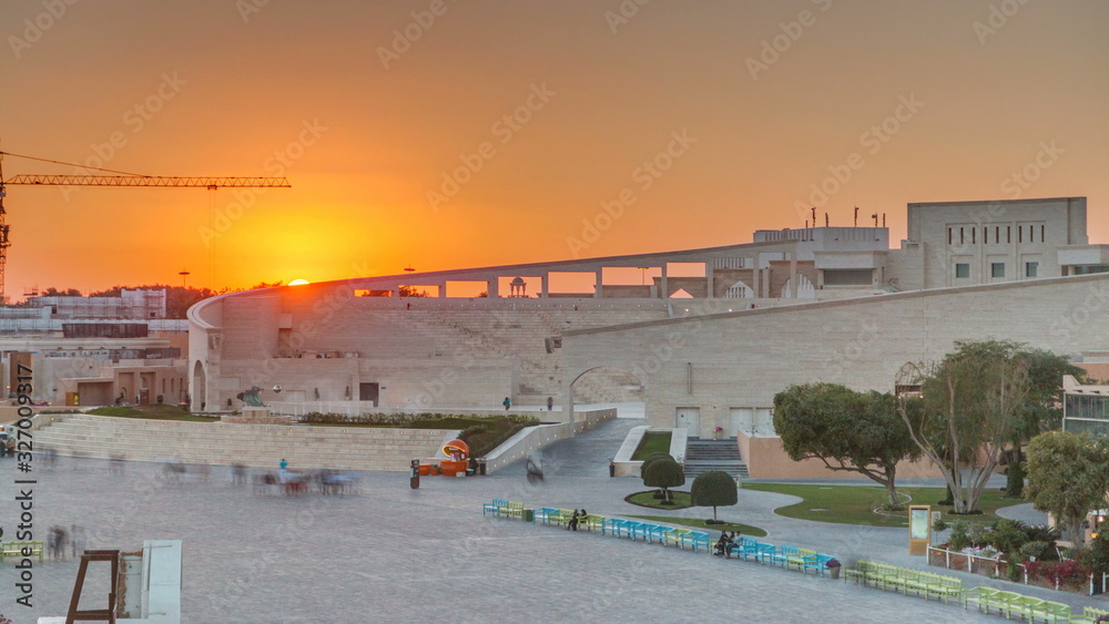 Amphitheater in Katara cultural village with sunset timelapse, Doha Qatar