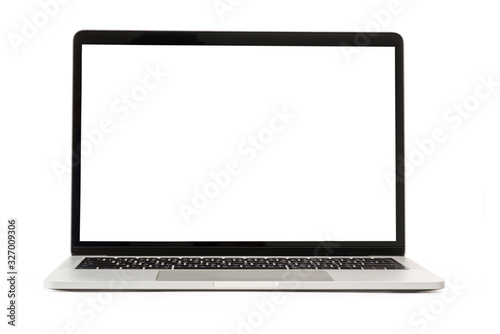 Blank form of laptop computer frame with white background for add template infographic or presentation and advertisement. Technology and object with clipping path.