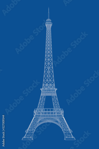 Technical Illustration of Wire-frame Style Eiffel Tower Blueprint. 3d Rendering