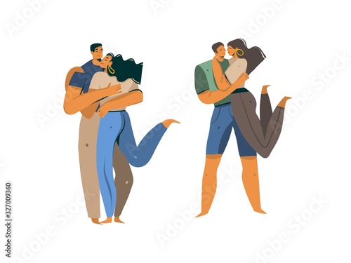 Hand drawn vector stock abstract graphic Love illustrations collection set with young romantic kissing walking couples together isolated on white background