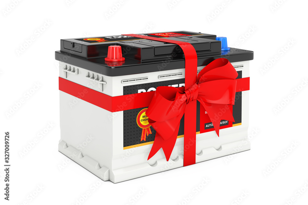 Rechargeable Car Battery 12V Accumulator with Abstract Label and Red Gift Bow and Ribbon. 3d Rendering