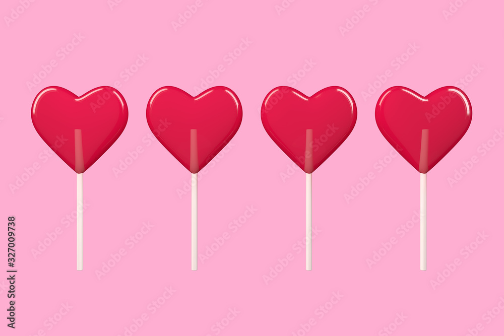 Love Concept. Red Heart Lollipop Candy. 3d Rendering