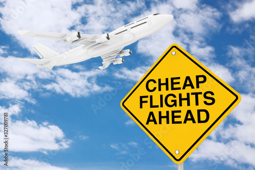 Cheap Flights Ahead Traffic Sign with White Jet Passenger's Airplane. 3d Rendering