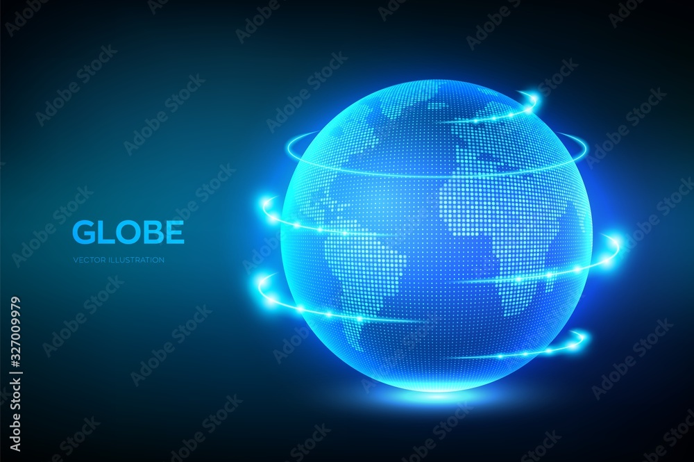 Earth globe illustration. World map point and line composition concept of global network connection. Blue futuristic background with planet Earth. Internet and technology. Vector illustration. Earth globe illustration. World map point and line composition concept of global network connection. Blue futuristic background with planet Earth. Internet and technology. Vector illustration.