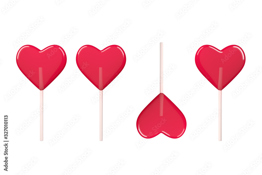 Love Concept. Red Heart Lollipop Candy. 3d Rendering