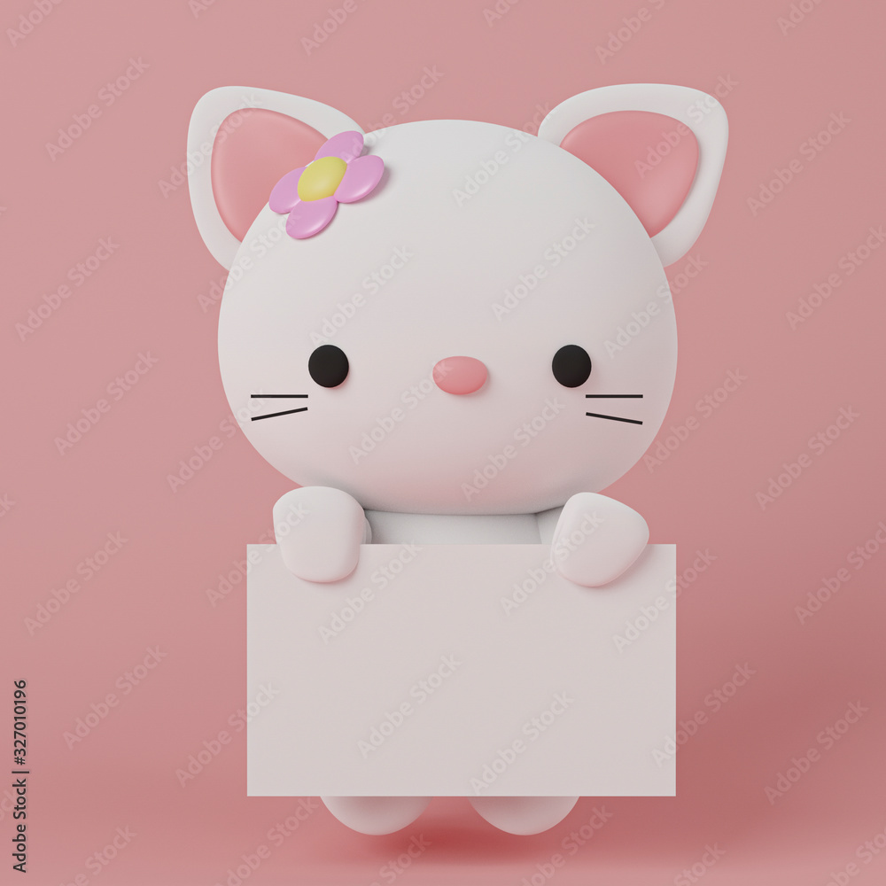 Cute kitten character with white blank sheet of paper on pink pastel background. Advertising. Illustration in cartoon style. Business communication board poster, paper message. 3d illustration Cute kitten character with white blank sheet of paper on pink pastel background. Advertising. Illustration in cartoon style. Business communication board poster, paper message. 3d illustration
