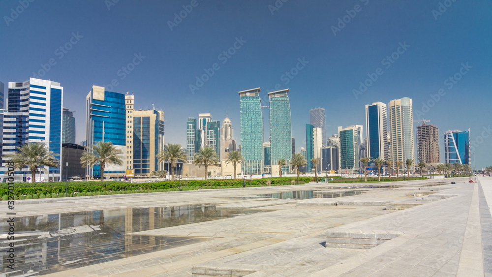 The high-rise district of Doha with fountain timelapse The high-rise district of Doha with fountain timelapse