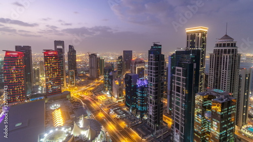 The skyline of the West Bay area from top in Doha day to night timelapse  Qatar.