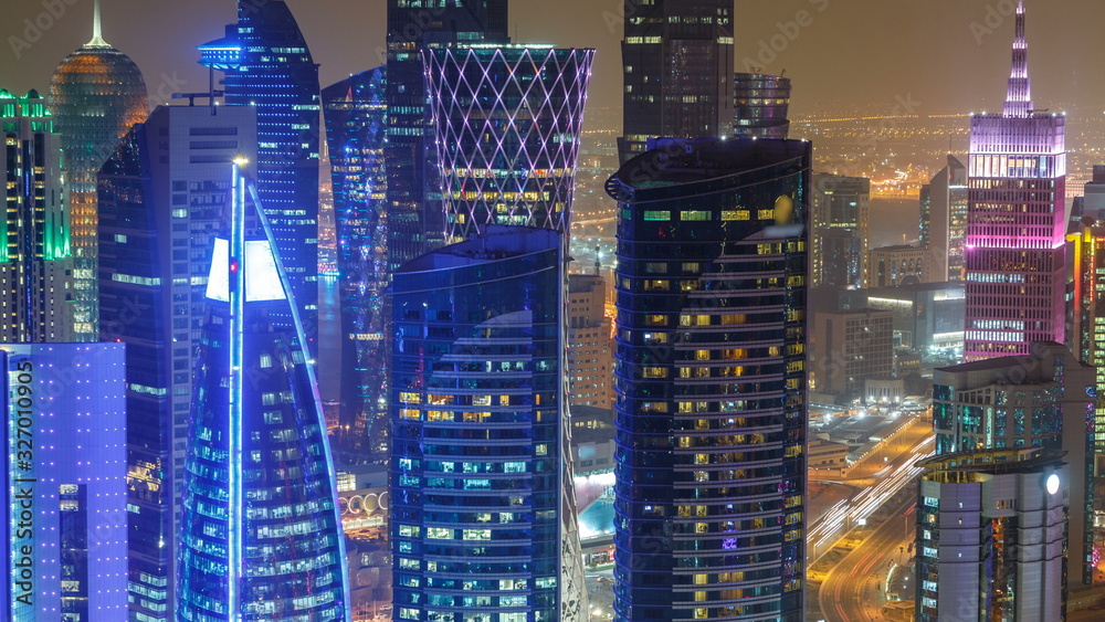 The skyline of the West Bay area from top in Doha timelapse, Qatar. The skyline of the West Bay area from top in Doha timelapse, Qatar.