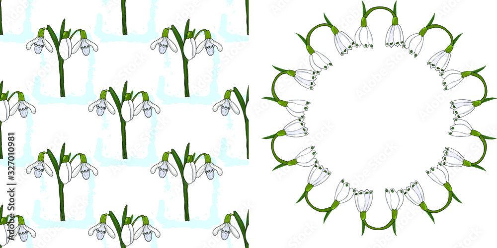 green floral frame with flowers snowdrops