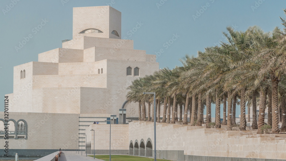 Qatar's museum of Islamic Art timelapse on its man-made island beside Doha Corniche