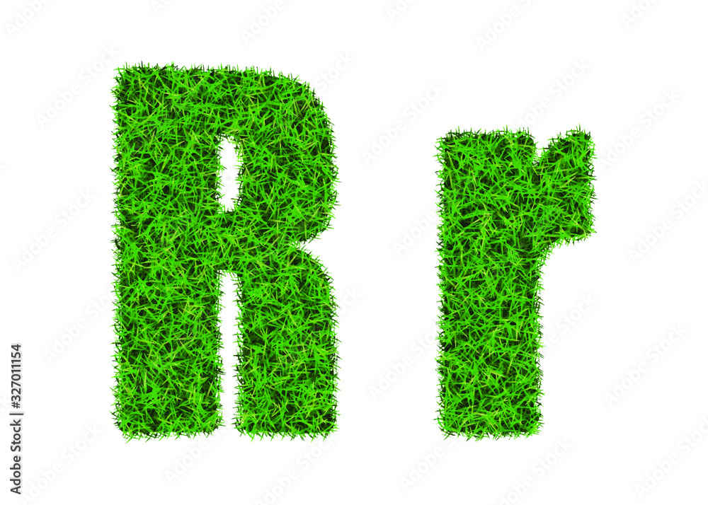 Green grass font. The letter R. Lawn texture alphabet on white background. Green grass font. The letter R. Lawn texture alphabet on white background.