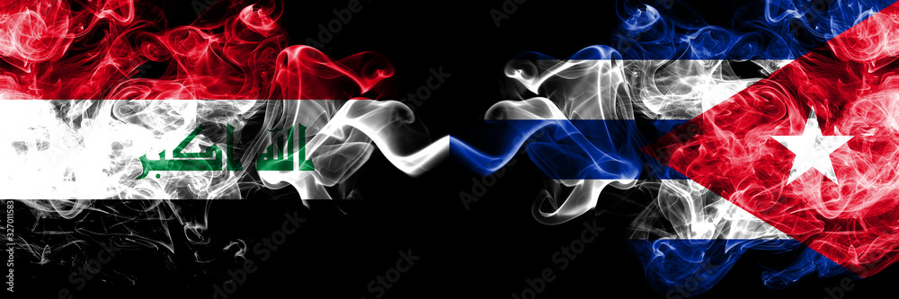 Iraq, Iraqi vs Cuba, Cuban smoky mystic flags placed side by side. Thick colored silky smokes flags together. Iraq, Iraqi vs Cuba, Cuban smoky mystic flags placed side by side. Thick colored silky smokes flags together.