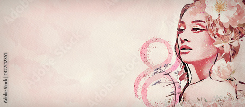 Fototapeta Watercolor abstract portrait of girl. Happy Women's Day