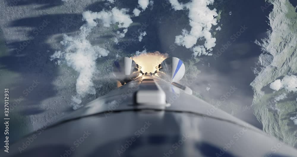 Rocket flying after launch animation. Daylight. Realistic cinematic 4k animation. Space rocket flying into sky with exhaust flames. Camera mounted on the body of the rocket and filming straight down.