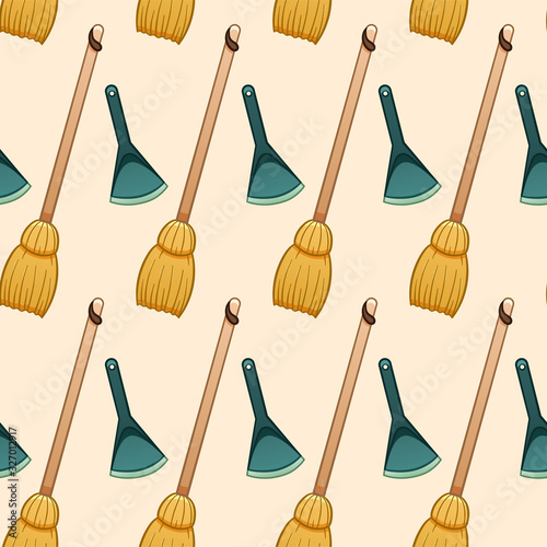 Cartoon style broomsticks and dustpans for cleaning seamless pattern on beige background
