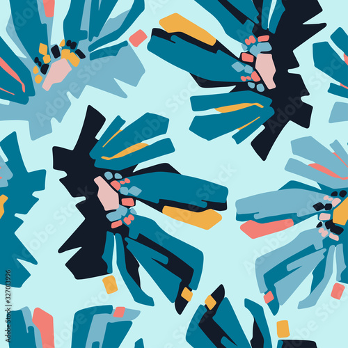 Modern seamless vector botanical pattern with chicory flowers in blue tones. Can be used for printing on paper, stickers, badges, bijouterie, cards, textiles. 