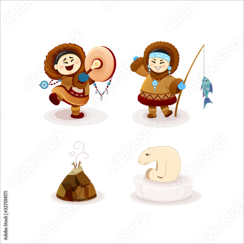 cartoon illustration of funny Eskimo child. Cute little baby Eskimo in a fluffy fur coat with hood smiling. Traditional national clothes of the northern peoples. Asian in winter clothes eps 10 chukchi