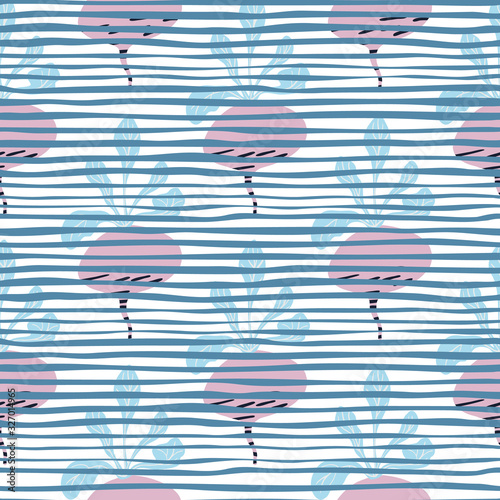 Vintage beetroot backdrop. Hand drawn beet seamless pattern on stripes background.