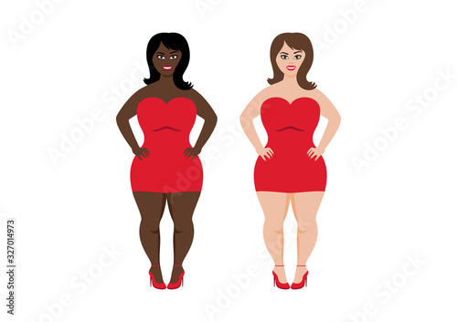 Girls of different races vector. Curvy afro american woman vector. Happy plus size fashion model in a red dress vector. Curvy woman vector. Cheerful large woman illustration. Attractive girls icon set