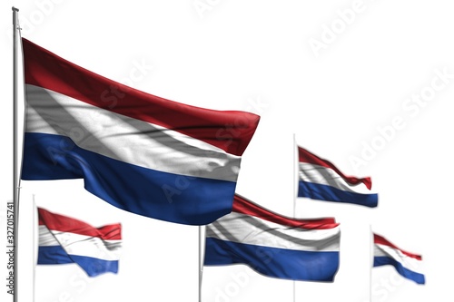 pretty five flags of Netherlands are wave isolated on white - picture with soft focus - any celebration flag 3d illustration..