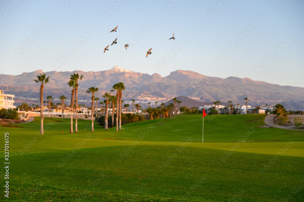 View on evergreen grass field on large golf course on Tenerife island, Canary, Spain