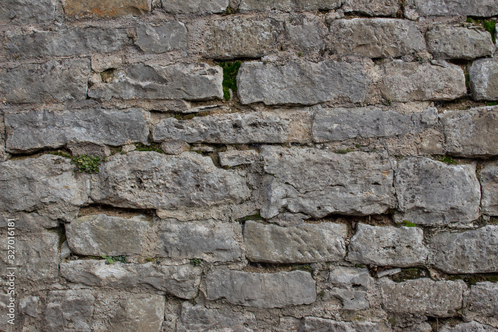 Obraz premium Old natural stone wall with plants and moss growing out of the cracks background