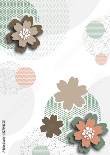 Colored geometric shapes, lines and flowers on a white background. Pastel shades. Design for postcards, covers, banners, advertisements. Eastern elements.