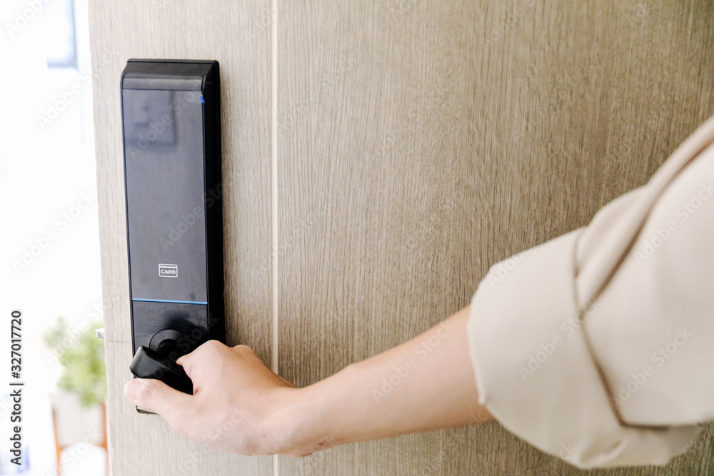 Hand open door on digital knob door. Hand open door on digital knob door.