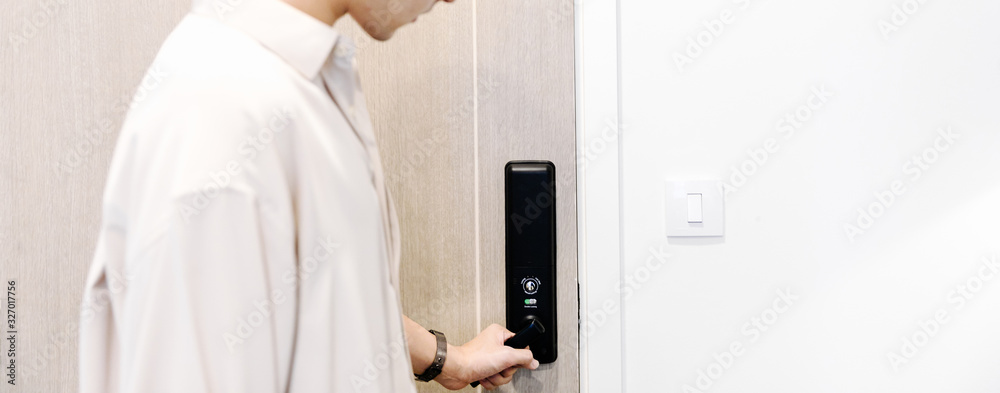 Hand open door on digital knob door. Hand open door on digital knob door.