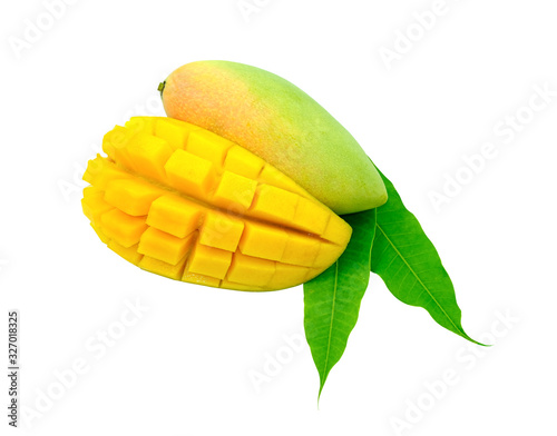 fresh mango fruit on green leaves. isolated white background with clipping path. orange and yellow  sweet food in summer season. pattern cut half square food.