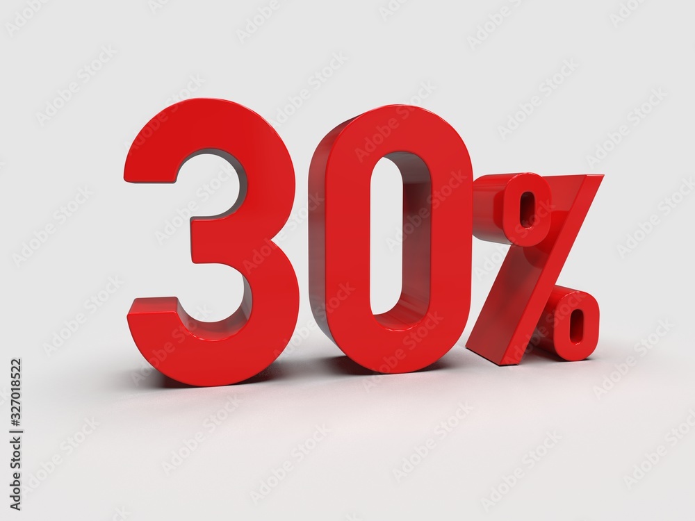 Red 30% Percent Discount 3d Sign on Light Background Red 30% Percent Discount 3d Sign on Light Background