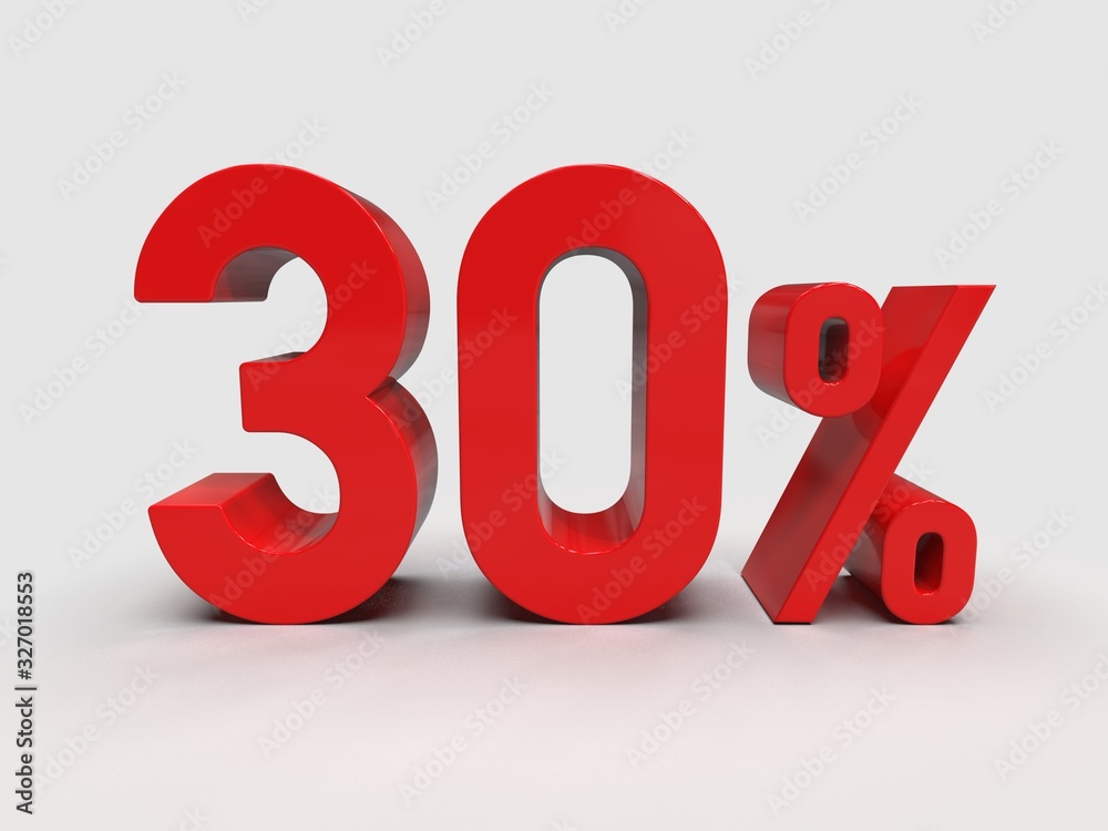 Red 30% Percent Discount 3d Sign on Light Background Red 30% Percent Discount 3d Sign on Light Background