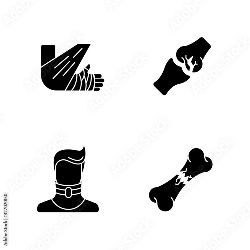 Body injuries black glyph icons set on white space. Bone and joint fractures. Broken neck. Cervical collar. Arm in bandage, plaster. Medical condition. Silhouette symbols. Vector isolated illustration
