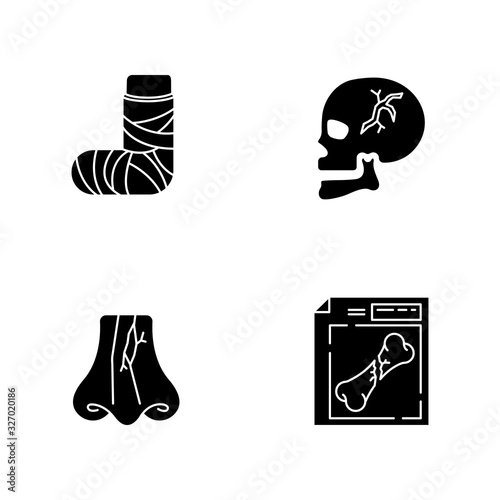 Limb and body injuries black glyph icons set on white space. Broken foot. Cranial bone break. Hurt skull. Nasal fracture. X-ray, MRI scan. Healthcare. Silhouette symbols. Vector isolated illustration