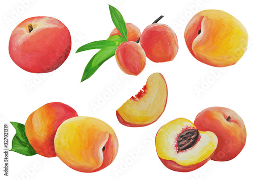  collection. peach. Fruit set. Pattern. Border. Frame. Hand drawing. Delicate fruit drawn and isolated in gouache in the style of realism. Suitable for corporate identity, concentration.
