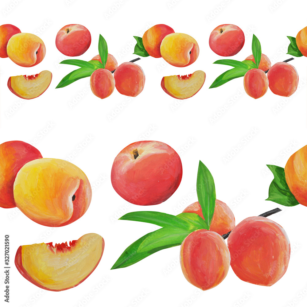 collection. peach. Fruit set. Pattern. Border. Frame. Hand drawing. Delicate fruit drawn and isolated in gouache in the style of realism. Suitable for corporate identity, concentration. collection. peach. Fruit set. Pattern. Border. Frame. Hand drawing. Delicate fruit drawn and isolated in gouache in the style of realism. Suitable for corporate identity, concentration.